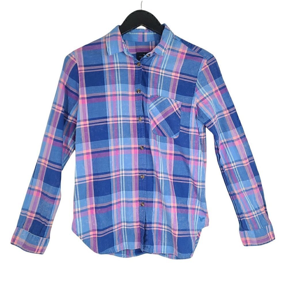 American Eagle Navy Blue Plaid Long Sleeve Worn in Look Button Up Shirt